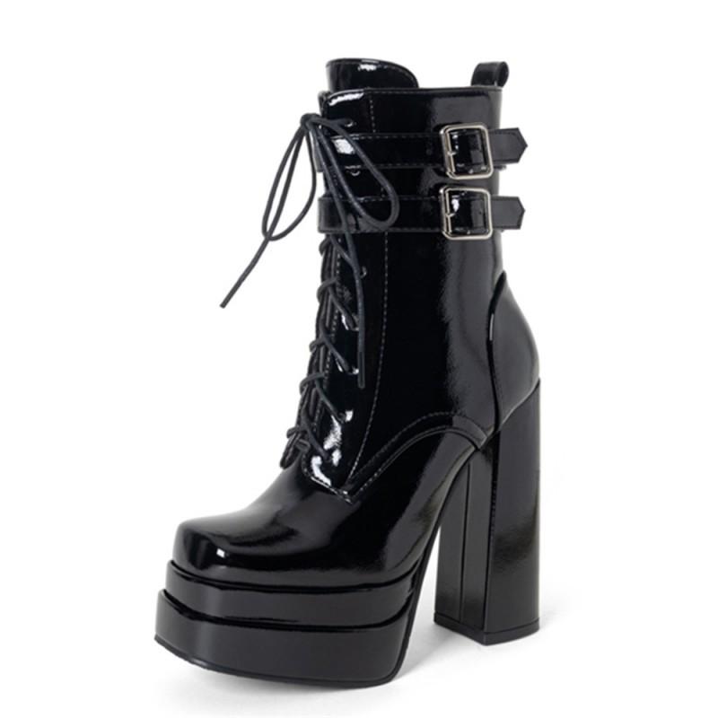 Womens Mid-Calf Fashion Boots High Heel Thick Sole Lace-Up Side Zipper Plus Size 34-45