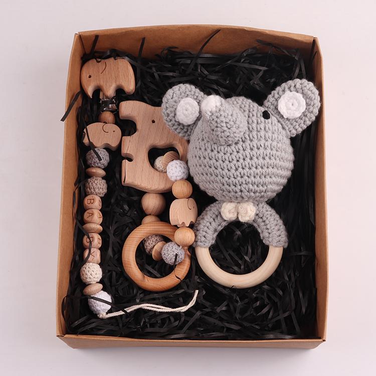 Wholesale Three-piece Set Elephant Pacifier Chain Bracelet Rattle Bell Baby Teether Set Toys серый