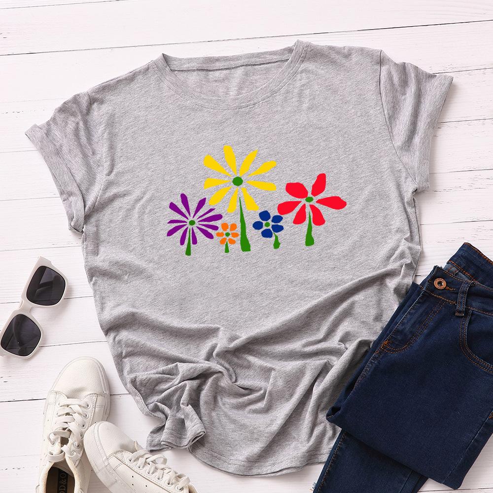 Little Flowers Cotton T-Shirt Short Sleeve Round Neck Women 2d Print Tops
