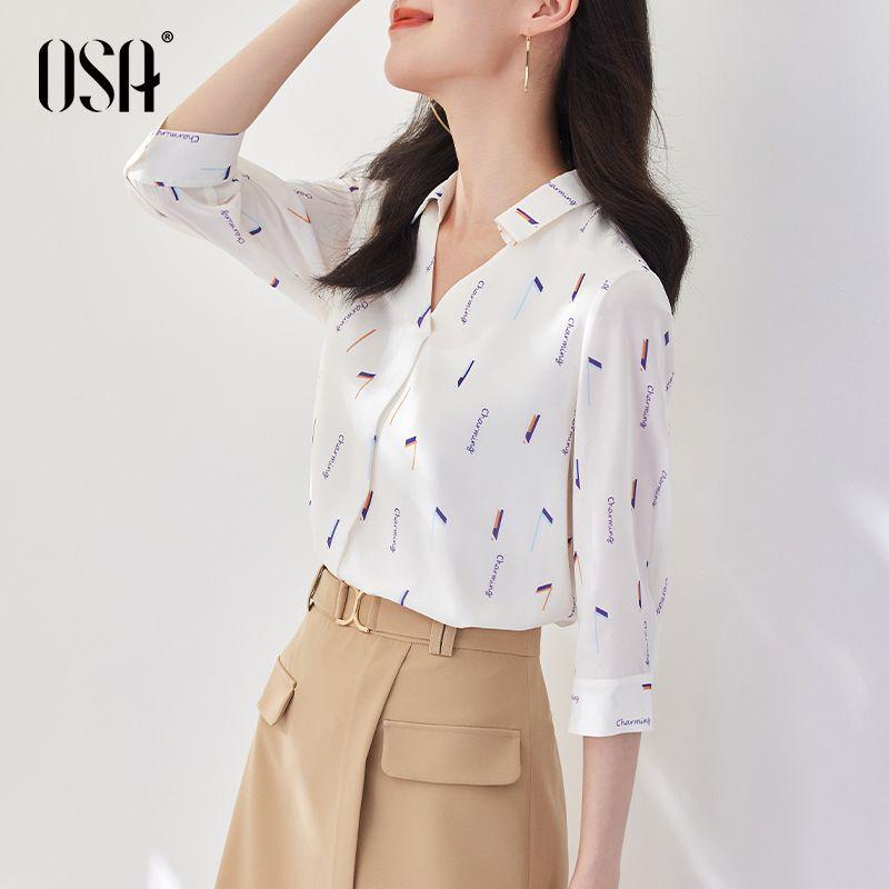 

OSA Three-Quarter Sleeve Stylish Niche Style V-neck Chiffon Shirt Rice White Print(August 13, presale) XS