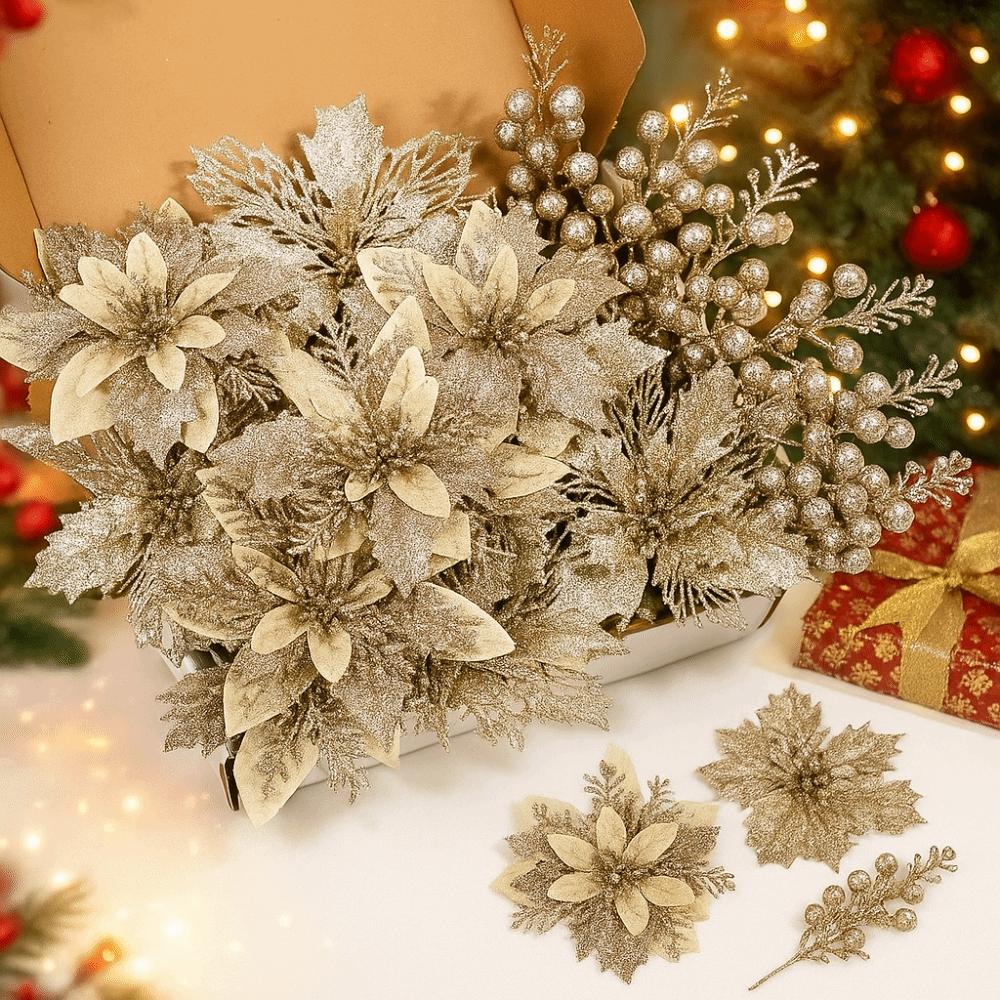 A Set Three Floors Artificial Flowers Sequins Glitter Berry Bouquet Multiple Colors Available Sparkling