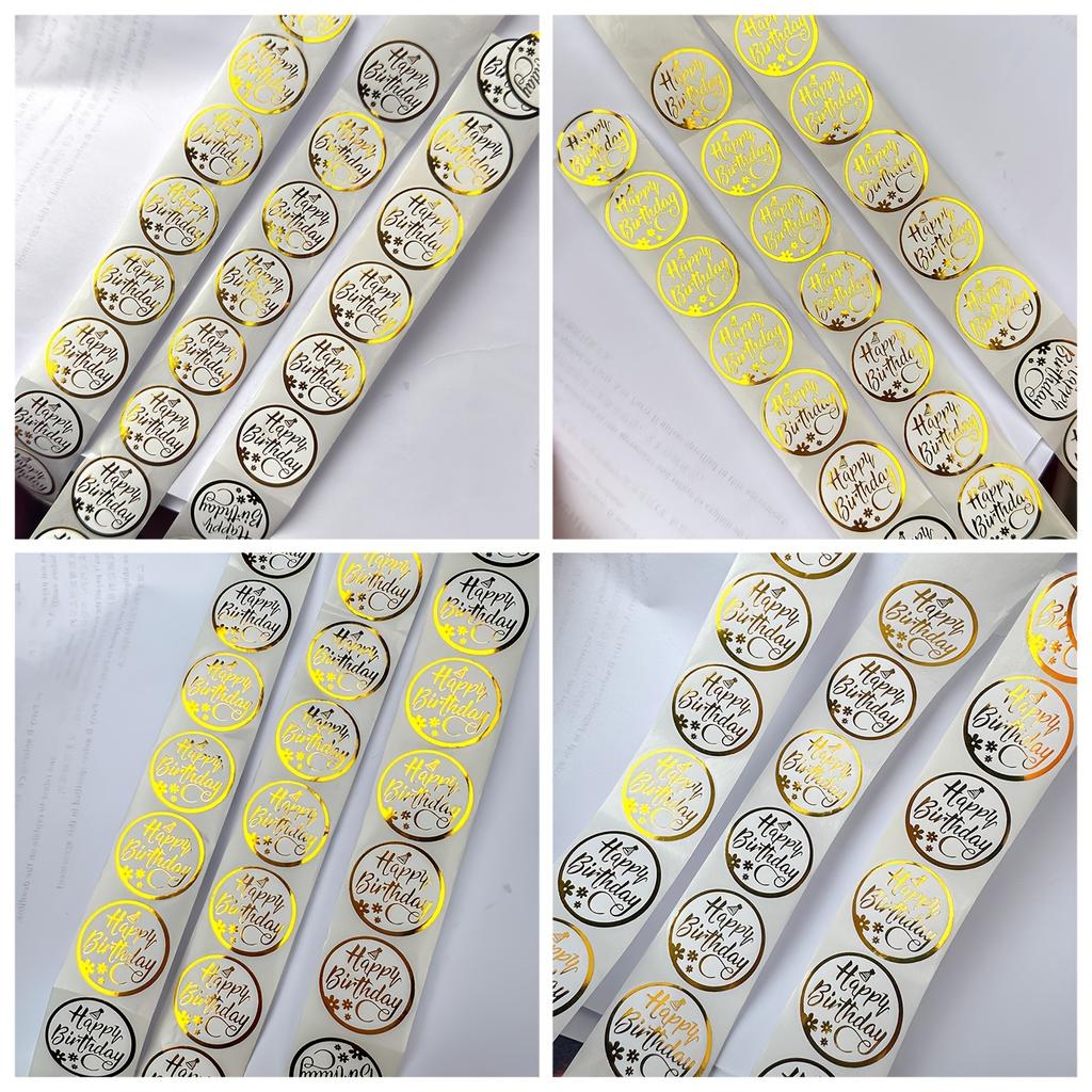 Golden Happy Birthday Stickers, PVC Material, Round, Party Favor, Gift Sealing, Self-Adhesive Label Stickers, for Home, Office, School
