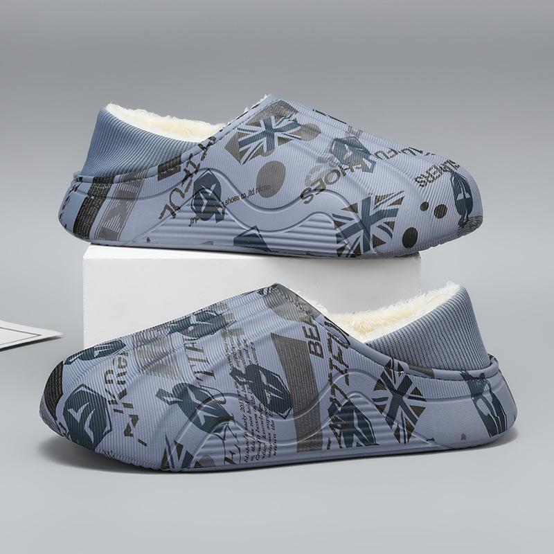 Flow printing cotton mop winter velvet large size bag heel cotton shoes men's indoor non-slip thick-soled slippers