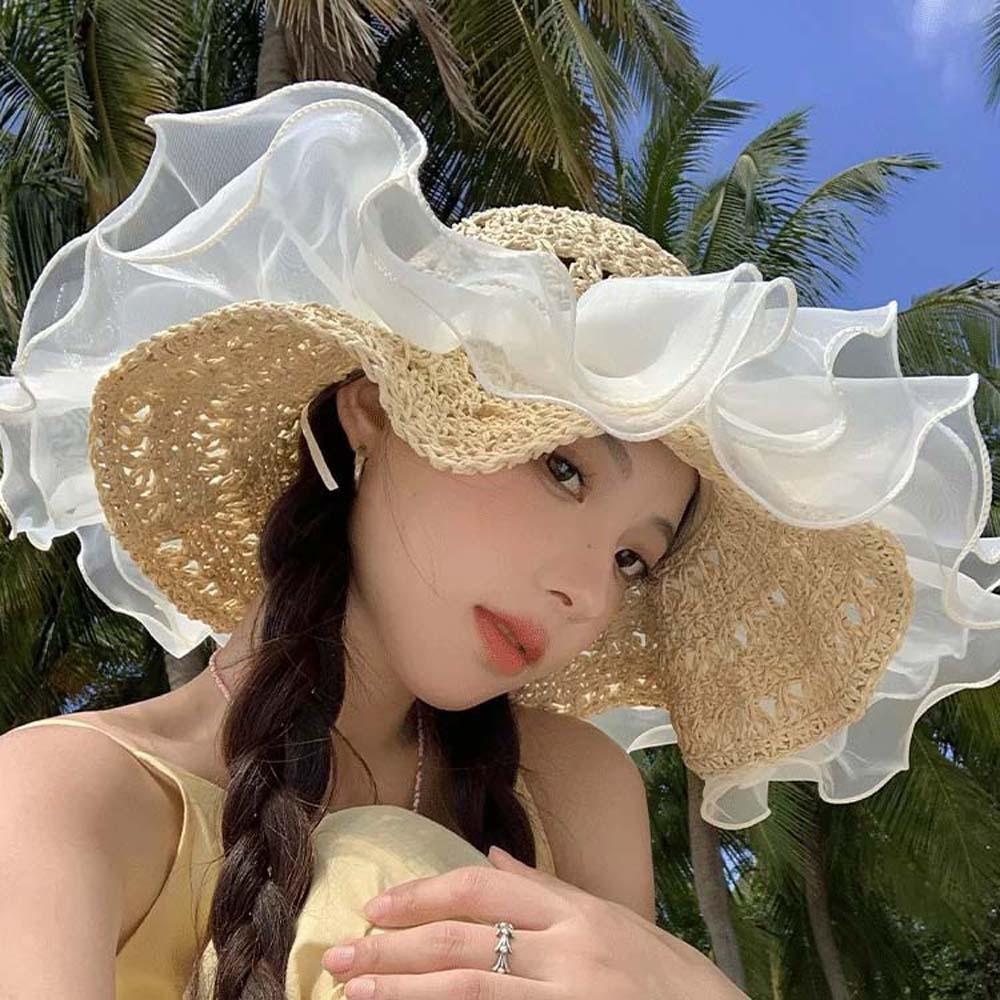 Breathable Straw Weaving Beach Hat Portable Big Brimmed Woven Cap Beige Lace Pearls Sun Cap  Travel