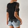 Camiseta Casual de Moda para Mujer con Cuello Redondo, Encaje Calado y Mangas Cortas