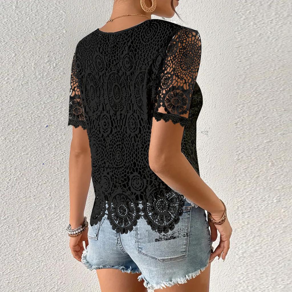 Camiseta Casual de Moda para Mujer con Cuello Redondo, Encaje Calado y Mangas Cortas