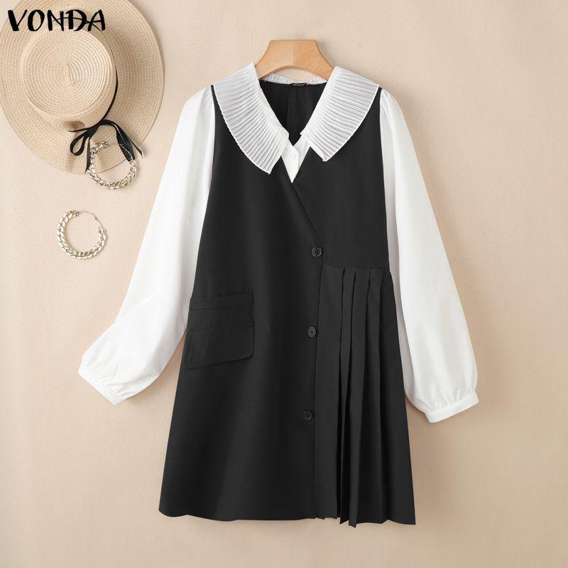 VONDA Women Lapel Neck Long Sleeve Ruffled Office Style Elegant Mini Dress