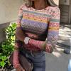 Women's  Slim Bottom T-shirt Fashion Casual Gradient Printing Round Neck Pullover Long Sleeve Top
