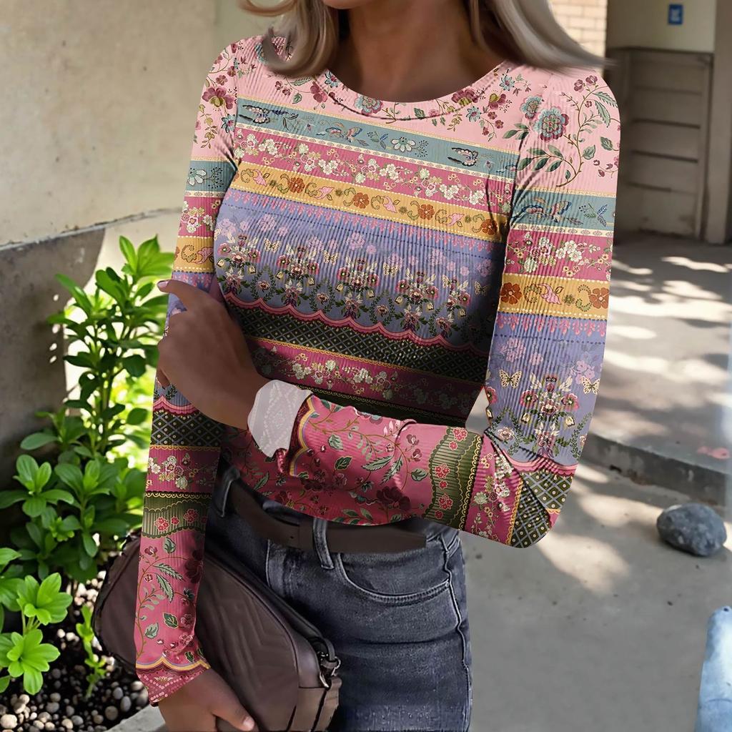 Women's Slim Bottom T-shirt Fashion Casual Gradient Printing Round Neck Pullover Long Sleeve Top