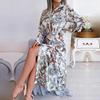 Women Spring Summer Retro Floral Collar Long Sleeve Tie Up Shirt Dress