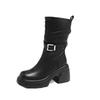 Small Thick-soled High-heeled Medium Tube Martin Boots Autumn and Winter New Belt Buckle Side Zipper Temperament Outer Wear Women's Boots