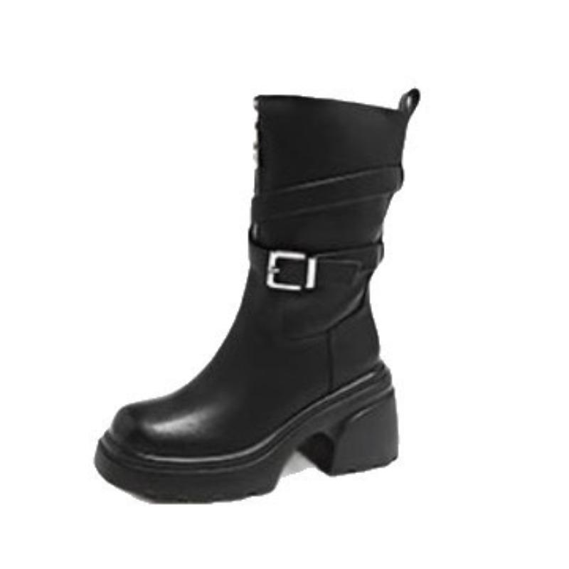 Small Thick-soled High-heeled Medium Tube Martin Boots Autumn and Winter New Belt Buckle Side Zipper Temperament Outer Wear Women's Boots