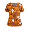Women’s V Neck Short Sleeve Work Top with Dual Side Slits and Pockets Halloween Pumpkin Print Comfortable Fit