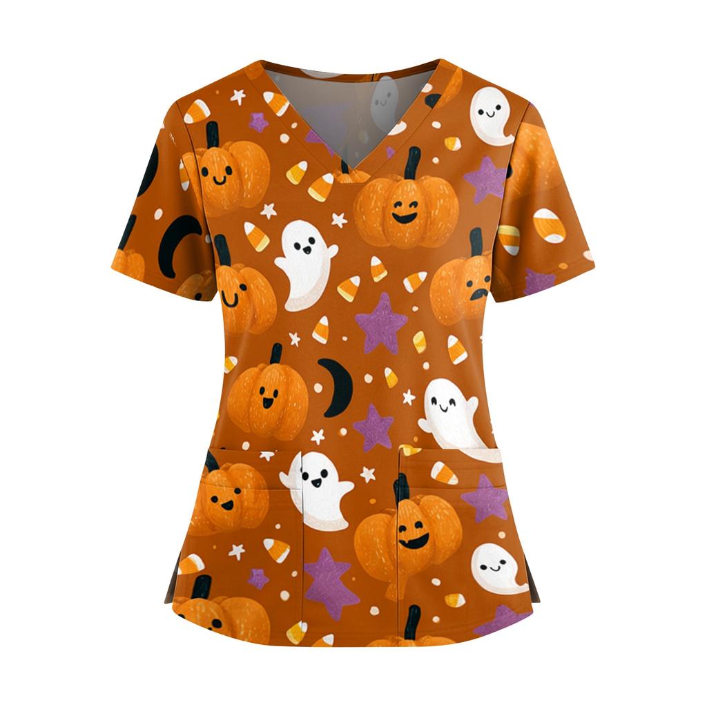 Women’s V Neck Short Sleeve Work Top with Dual Side Slits and Pockets Halloween Pumpkin Print Comfortable Fit