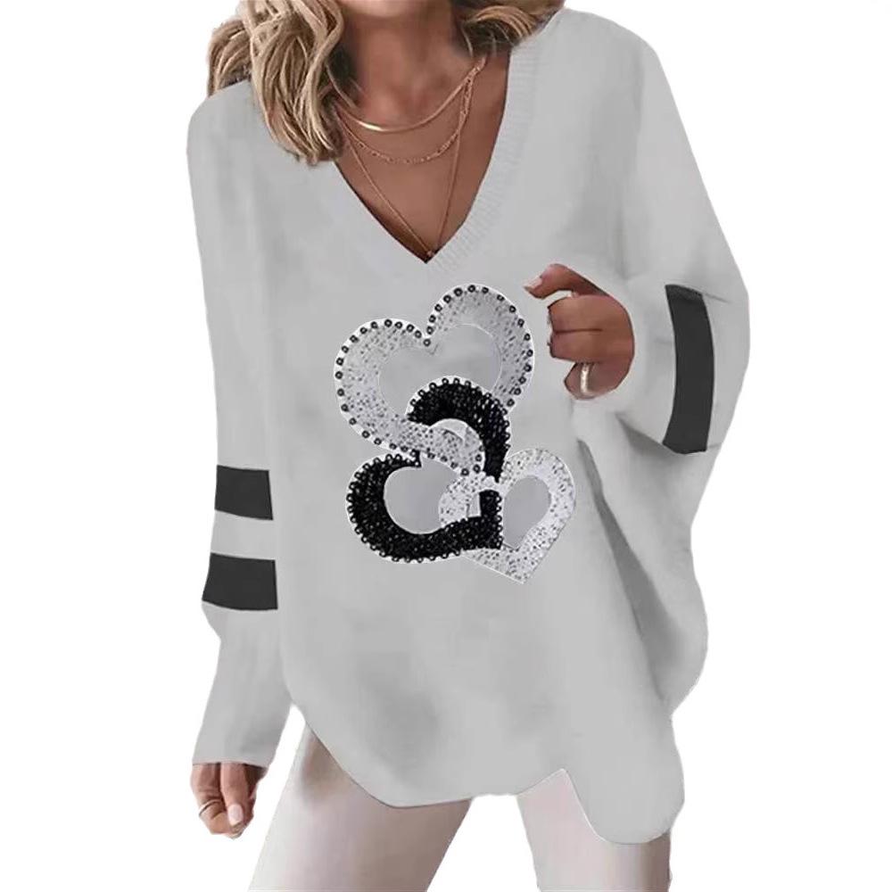 2023 Women's V-Neck Geometric Heart Sweatshirt: Casual Autumn/Winter Long-Sleeved Loose Fit