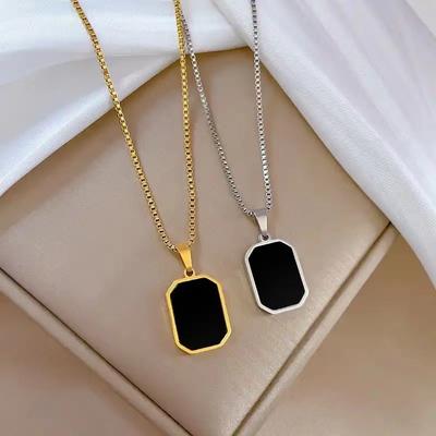 High Quality Stainless Steel Minimalist Rectangular Pendant Korean Black Epoxy Women's Gold Necklace Exquisite Long Jewelry Gift