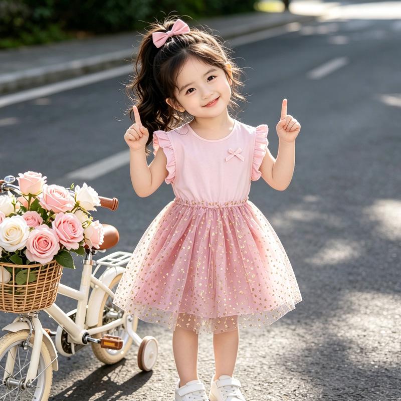Neues Sommer-Prinzessinnenkleid für Mädchen, Schwarz, mit Sternen-Pailletten-Netz und Puffärmeln