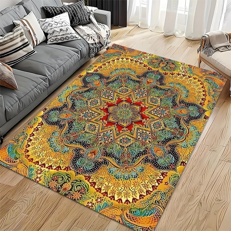 Mandala Pattern Carpet with Boho Star Design, Yellow and Red Tones Suitable for use as an anti-slip for living room bedroom sofas