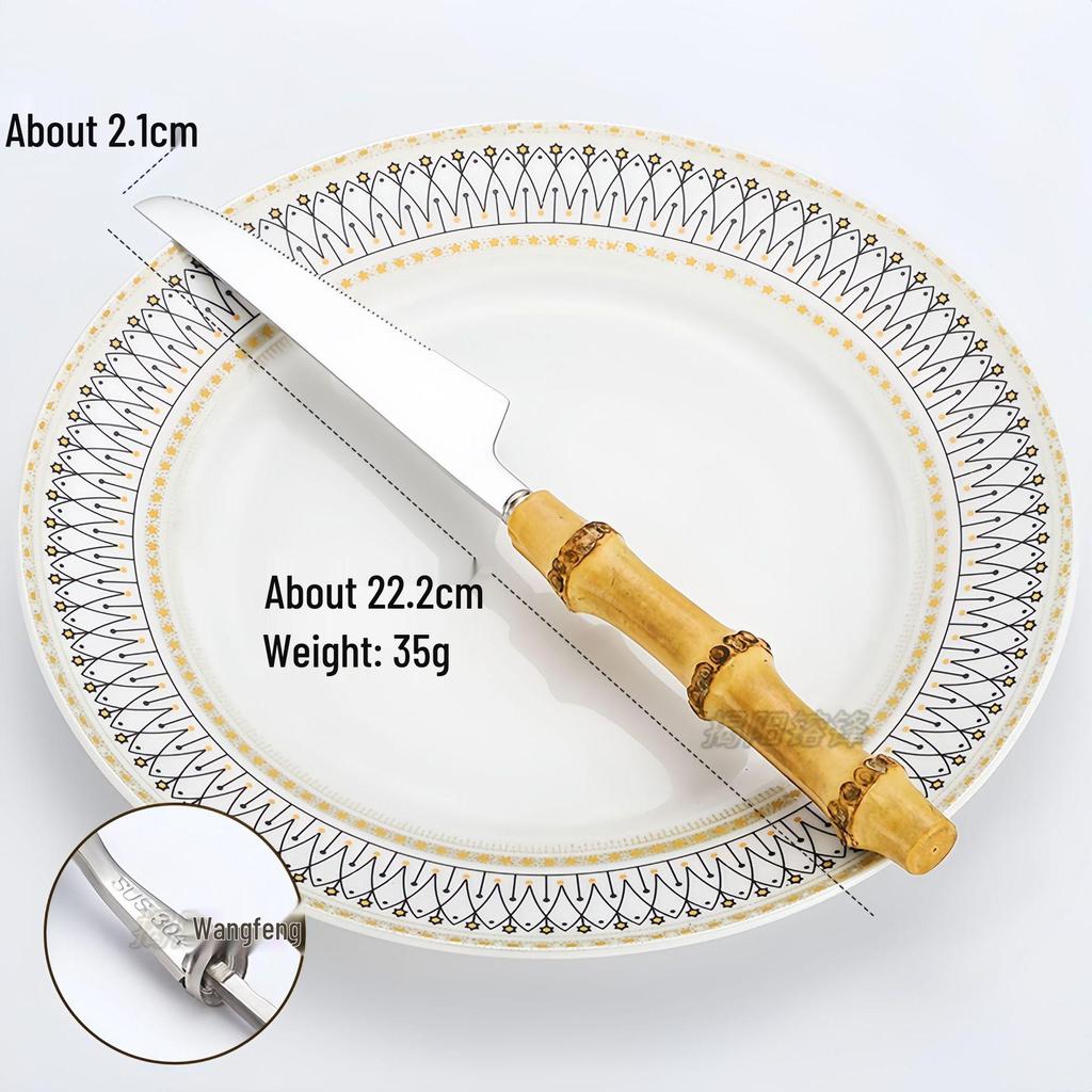 304 Stainless Steel Bamboo-Handled Knife Fork Spoon Set for Hotel Tableware and Western Food, Thickened Dessert Spoon and Steak Knife Fork.