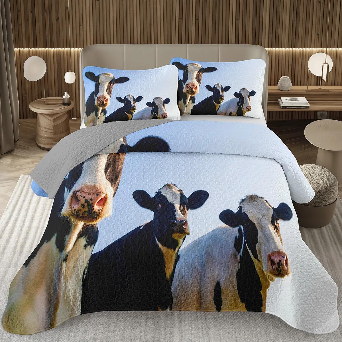 

Cute Milk Cow Bedspread Set Twin Queen King Size Farm Animal Print Quilt Set Farmhouse Coverlet Set For Boys Teen Bedroom Decor EU Single(135*200cm)3pcs