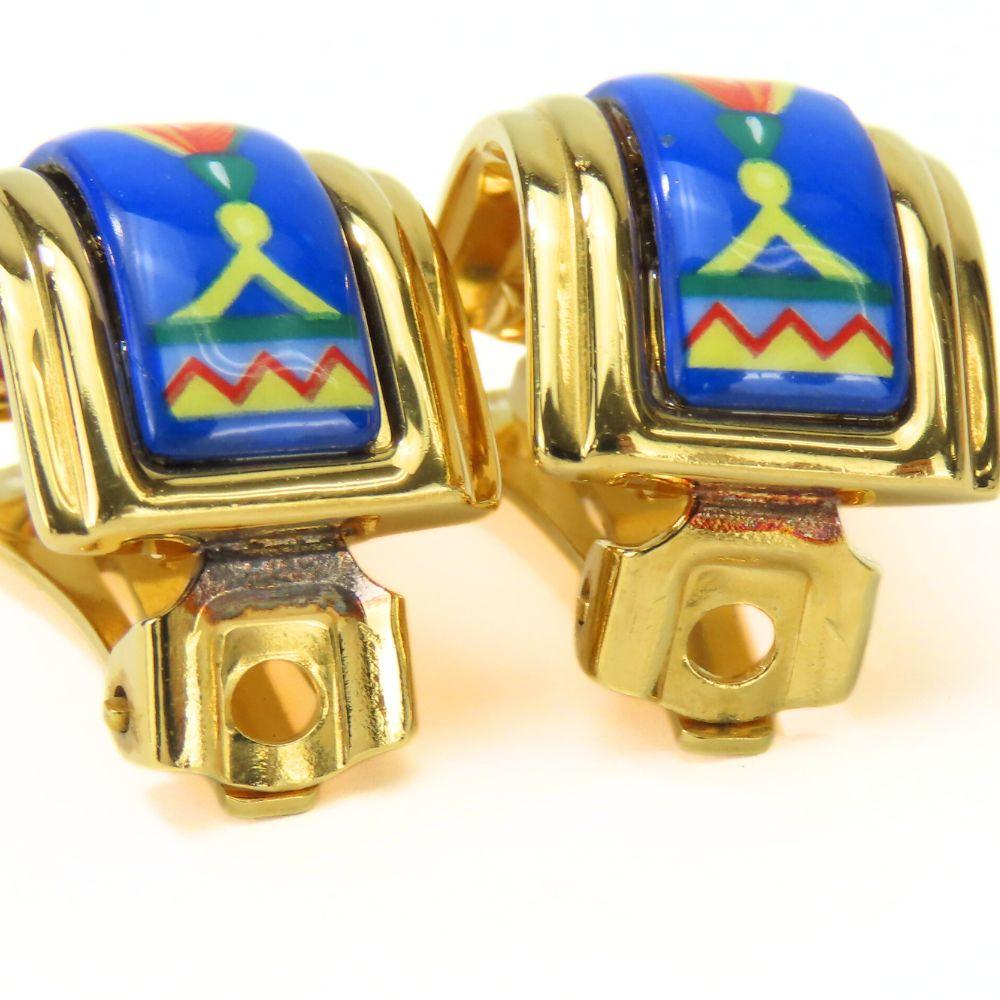 Used HERMES Earring Emile Feather Pattern Metal 15.3g Blue Multicolor Plating