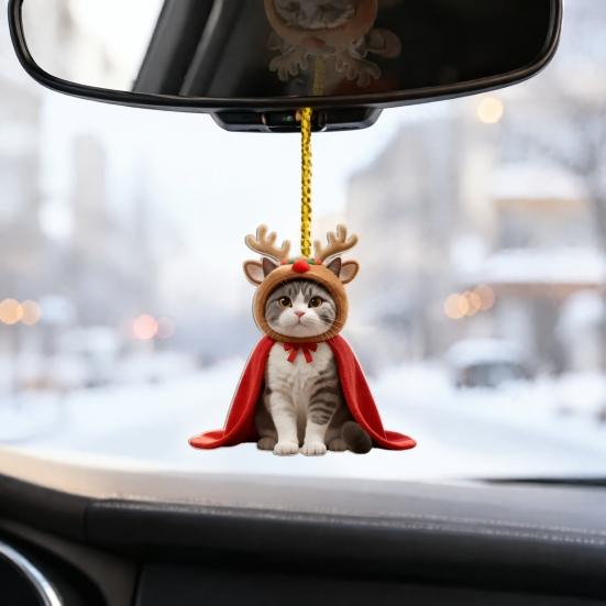 Kleine Süße Dekorationen für Fenster Katze Weihnachtsdekoration, 2D Flaches Cartoon Acryl Kätzchen mit Umhang und Leichter Dekorationshut Hängende Dekoration