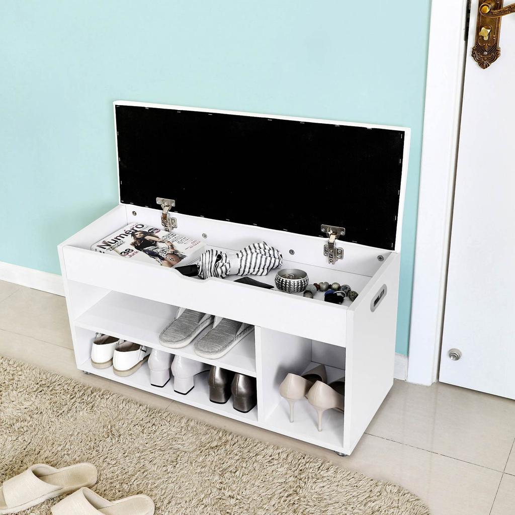 VASAGLE Panca per Scarpe in Legno, Seduta con Contenitore Imbottita, Mobile da Ingresso con 2 Ripiani e un Cassettone Nascosto, Bianco
