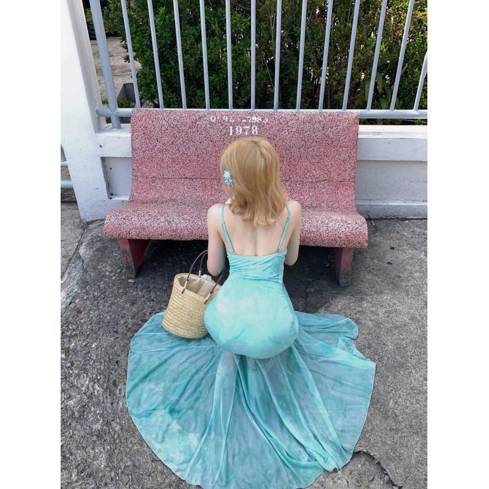 French light green printed mesh suspender dress for women's summer seaside vacation royal sister pure desire fishtail hip-wrapped dress