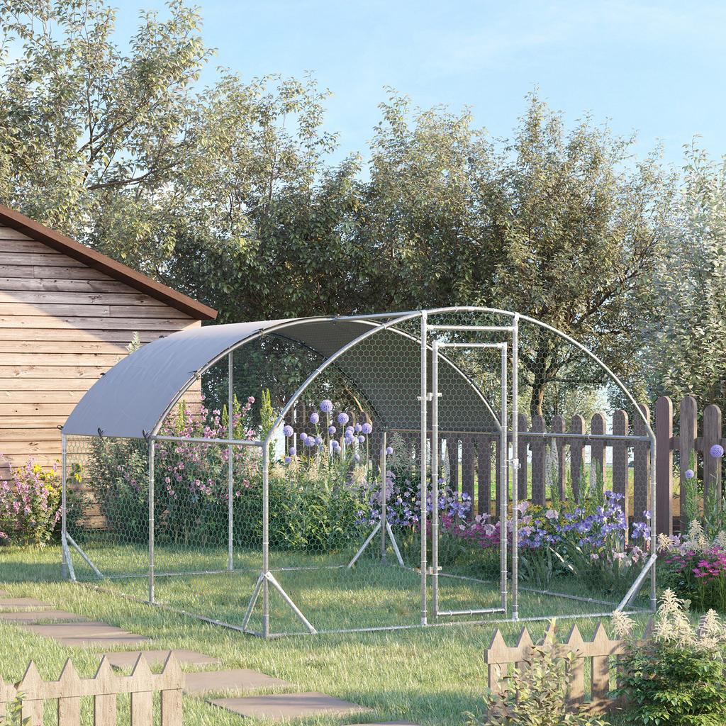 Galvanized Metal Chicken Run with Roof and UV Cover, 280x380x197 Cm, Silver