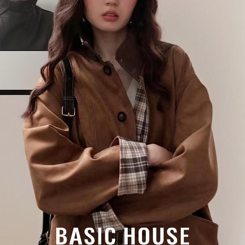 Basic House Women s Reversible Plaid Suede Short Jacket M