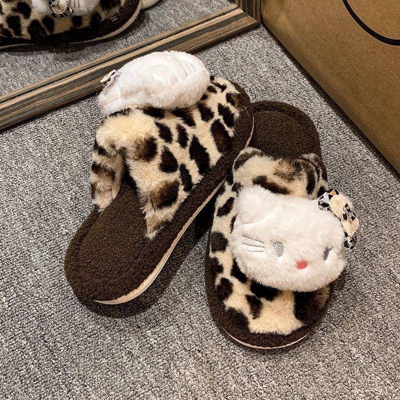 Leopard Print Hello Kitty Slippers Women's Outer Wear Warm Soft Bottom Home Fluffy Plush Slippers Women's New Autumn and Winter