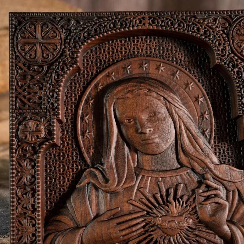 Virgin Mary Sacred Heart Wood Sculpture Perfect Heart Catholic Saint Image, Religious Church, Christian Gift, Home Decoration