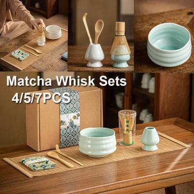 4/5/7PCS Japanese Coarse Pottery Matcha Set Safe Bamboo Whisk Teaspoon Tea Sets Indoor Beverage Shop Tea-making Tools Accessorie