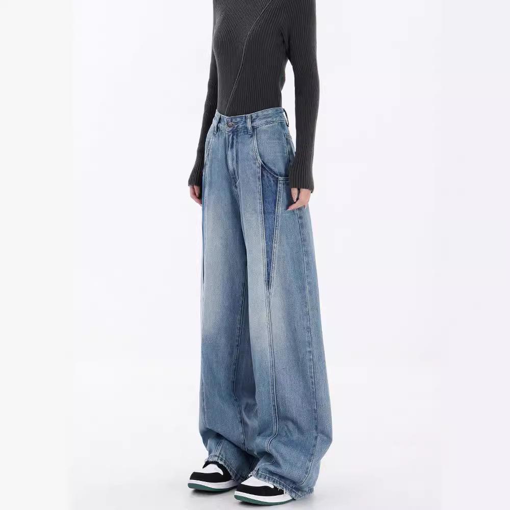 Women’s Plus Size Retro Loose Jeans: Contrast Splicing, Straight-Leg, Floor-Length, Perfect for Spring and Autumn