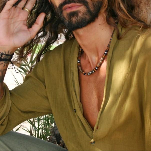 Geometrische Herrenkette Mit Kokosnussschalen-Anhänger Handgefertigte Stahlkette Für Lässigen Stil