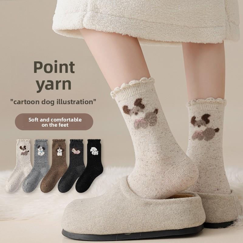 Thick and Warm Wool Socks for Autumn and Winter, Cute Cartoon Dot Yarn Mid-calf Socks, and Long Socks for A Little Girl Puppy