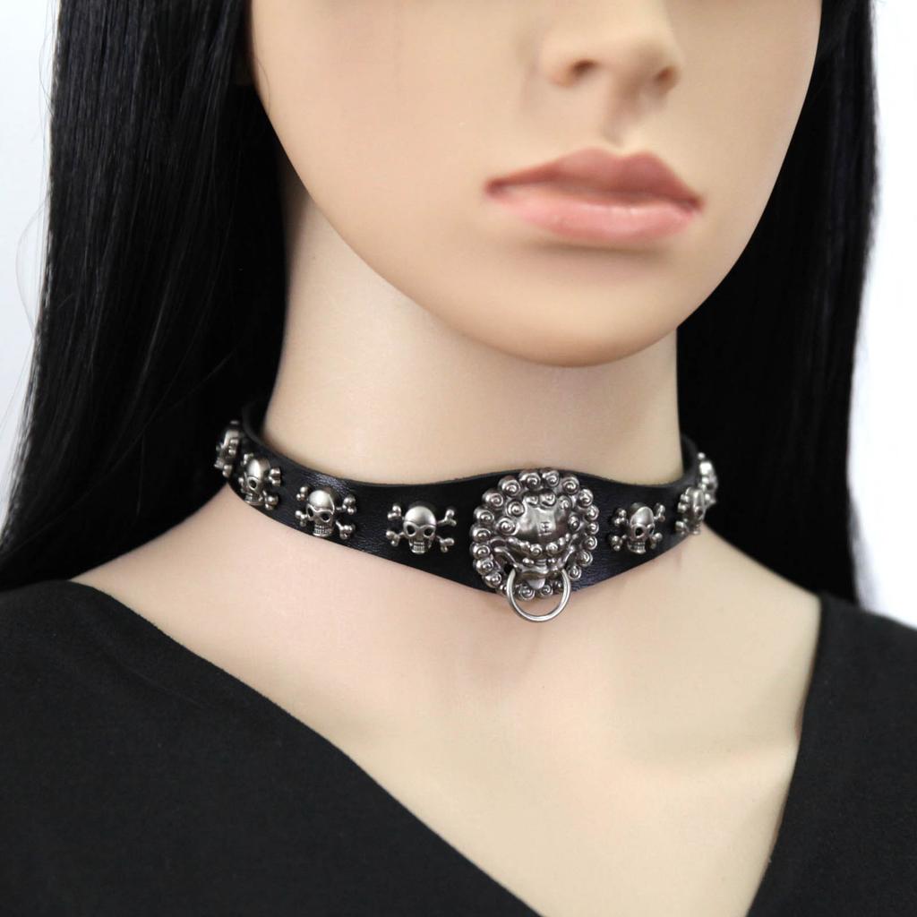 Skull & Lion Pendant Choker, Unisex Punk Leather Hanging Ring Clavicle Necklace