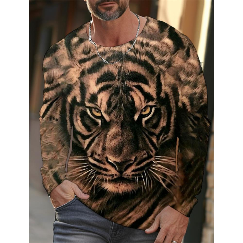 Tiger Graphic T Shirt Long Sleeve T-Shirt for Men Clothing Casual Tee Shirts Fashion 3D Animal Print Tops Vintage Men's Clothing