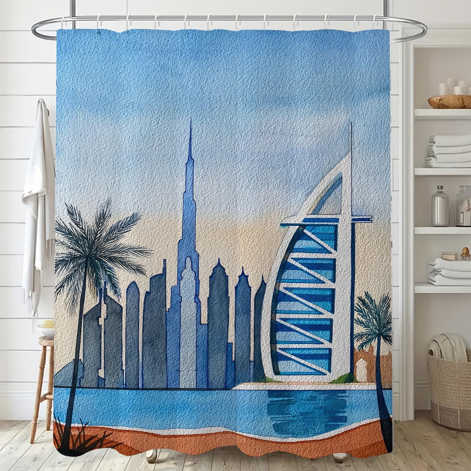 Dubai Skyline & Burj Al Arab Inspired Shower Curtain - Polyester, Machine Washable, Includes Hooks,  Digital Print W90xH180cm