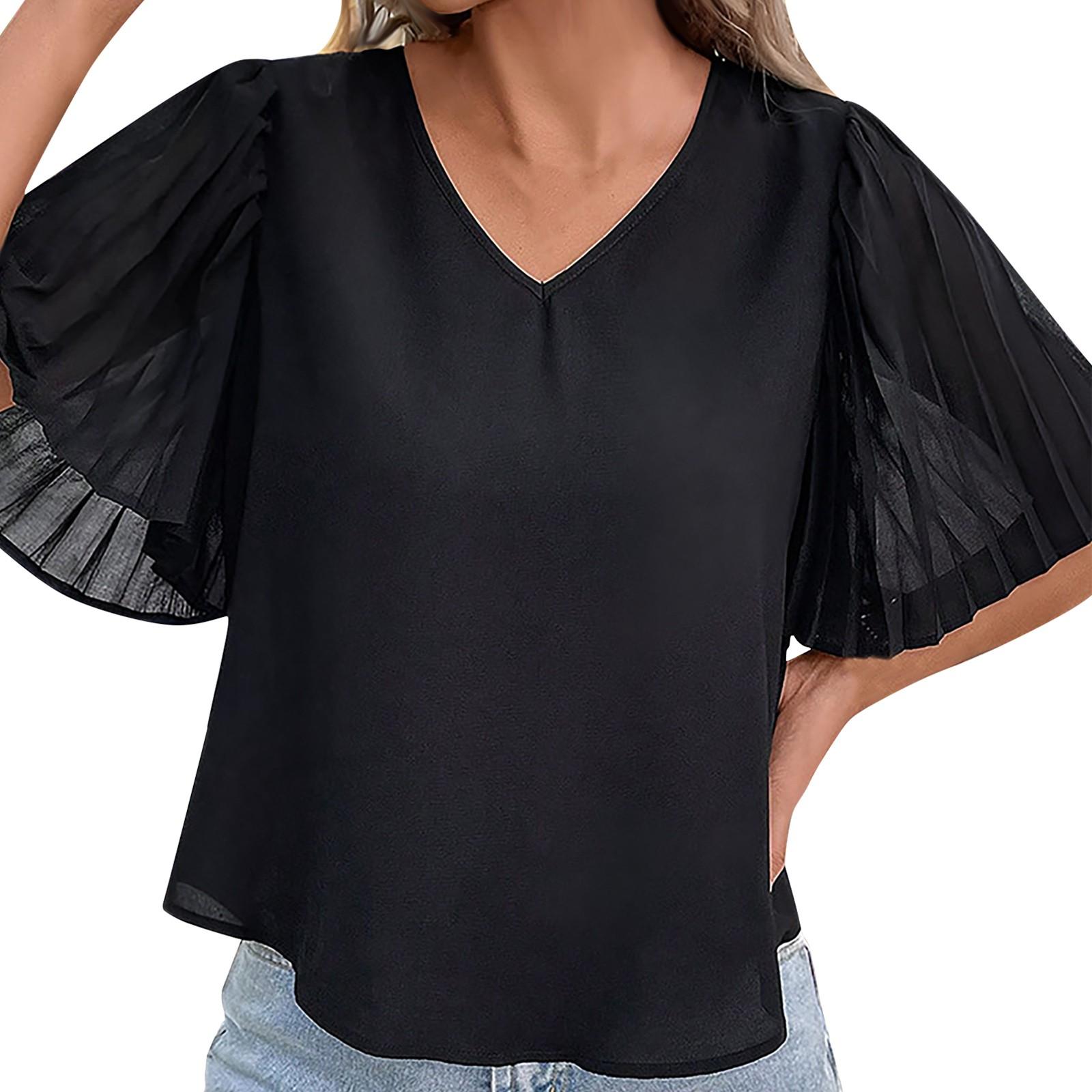 

Новая летняя женская одежда, трансграничные однотонные плиссированные женские топы с короткими рукавами L чёрный