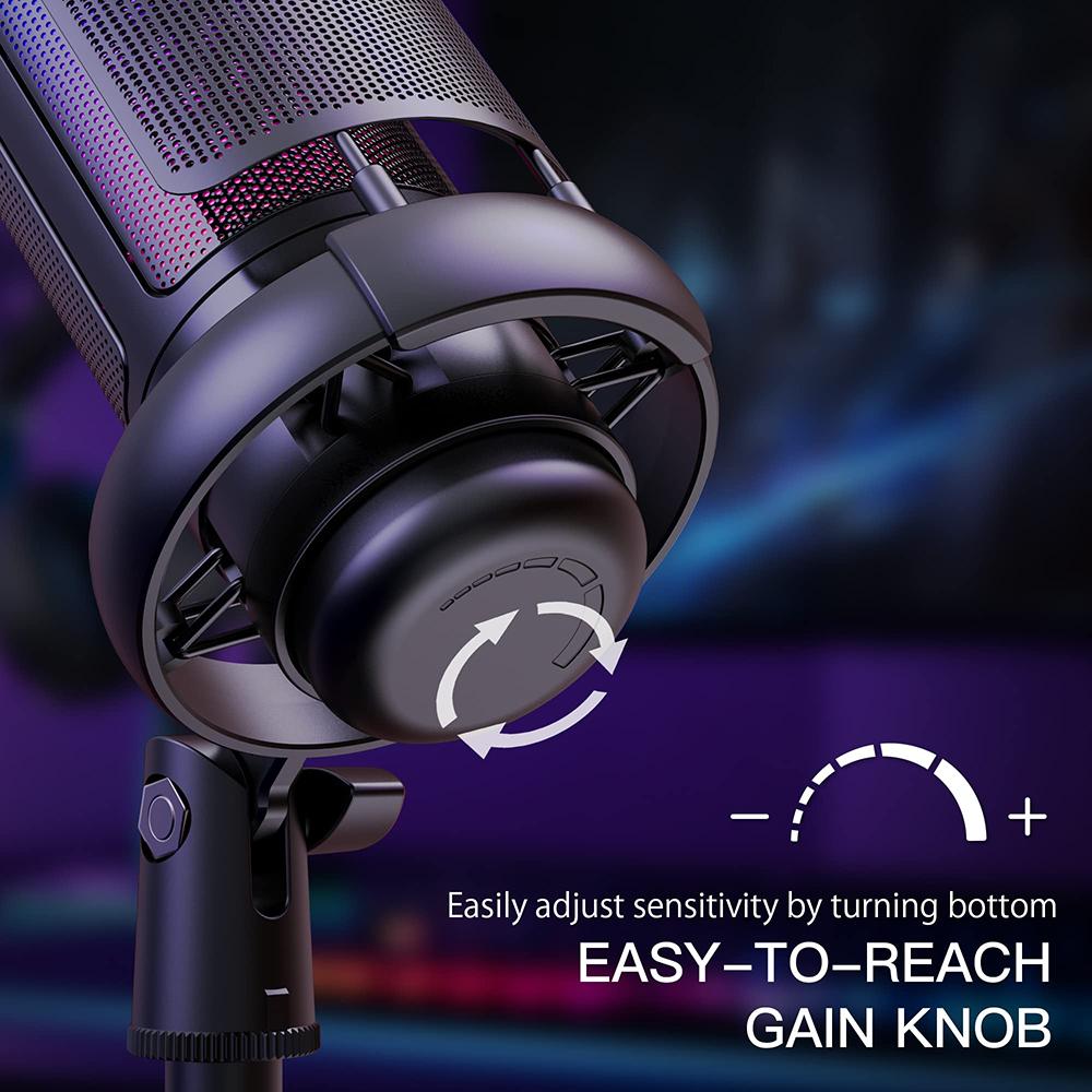 USB Condenser Microphone for PC Computer Gaming Mic for PS4/PS5/Mac Fast Mute RGB Lights Shock Mount Gain Knob Sound Monitor