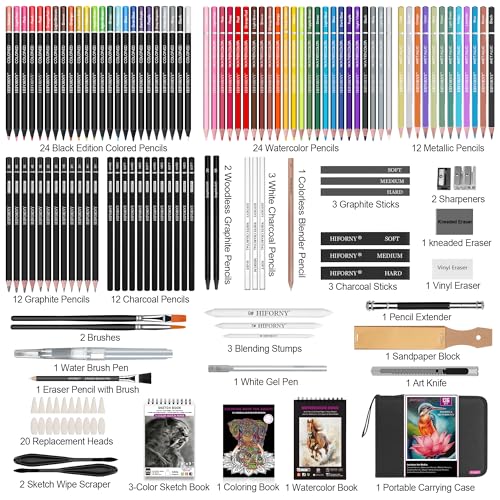 HIFORNY Drawing & Sketching Set, 136-Piece Professional Art Supplies: Graphite, Charcoal, Color, Watercolor, and Metallic Pencils, Blending Tool, Sket