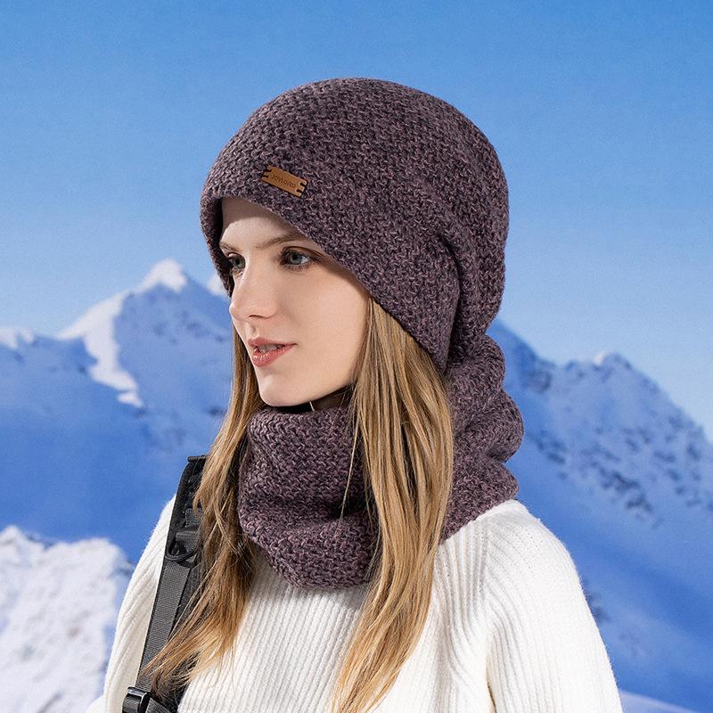 Women's Knitted Hat Winter European and American Warm Hat Scarf Set Fleece Ear Protector Pullover Wool Hat