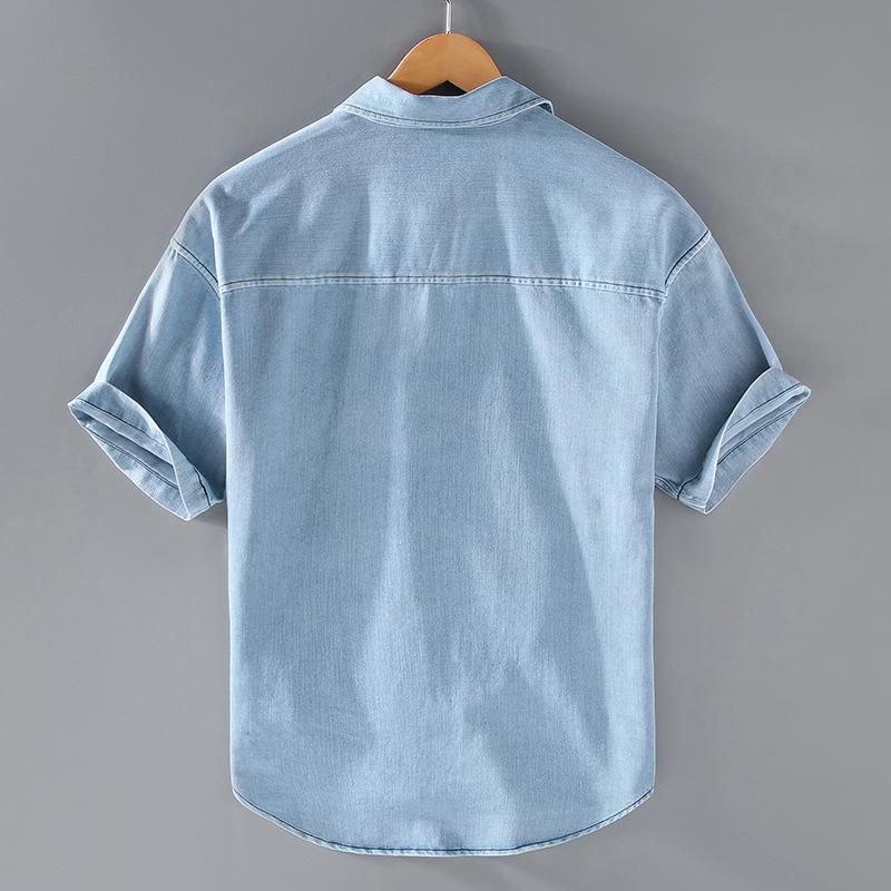 Korean Style Summer Denim Short Sleeve Shirt Men Turn-down Collar Double Pockets Washed Light Blue Jean Shirt Youth Streetwear Casual Tops