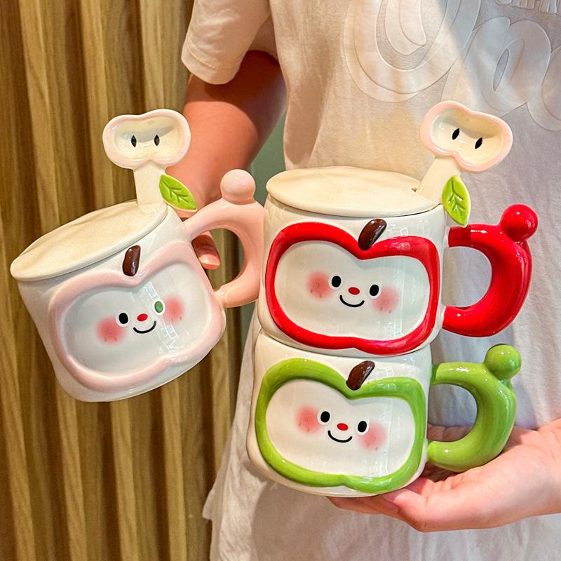 Födelsedagspresent söt högvärdig äppelkeramikmugg drickskopp med lock sked flickor mugg examenspresent