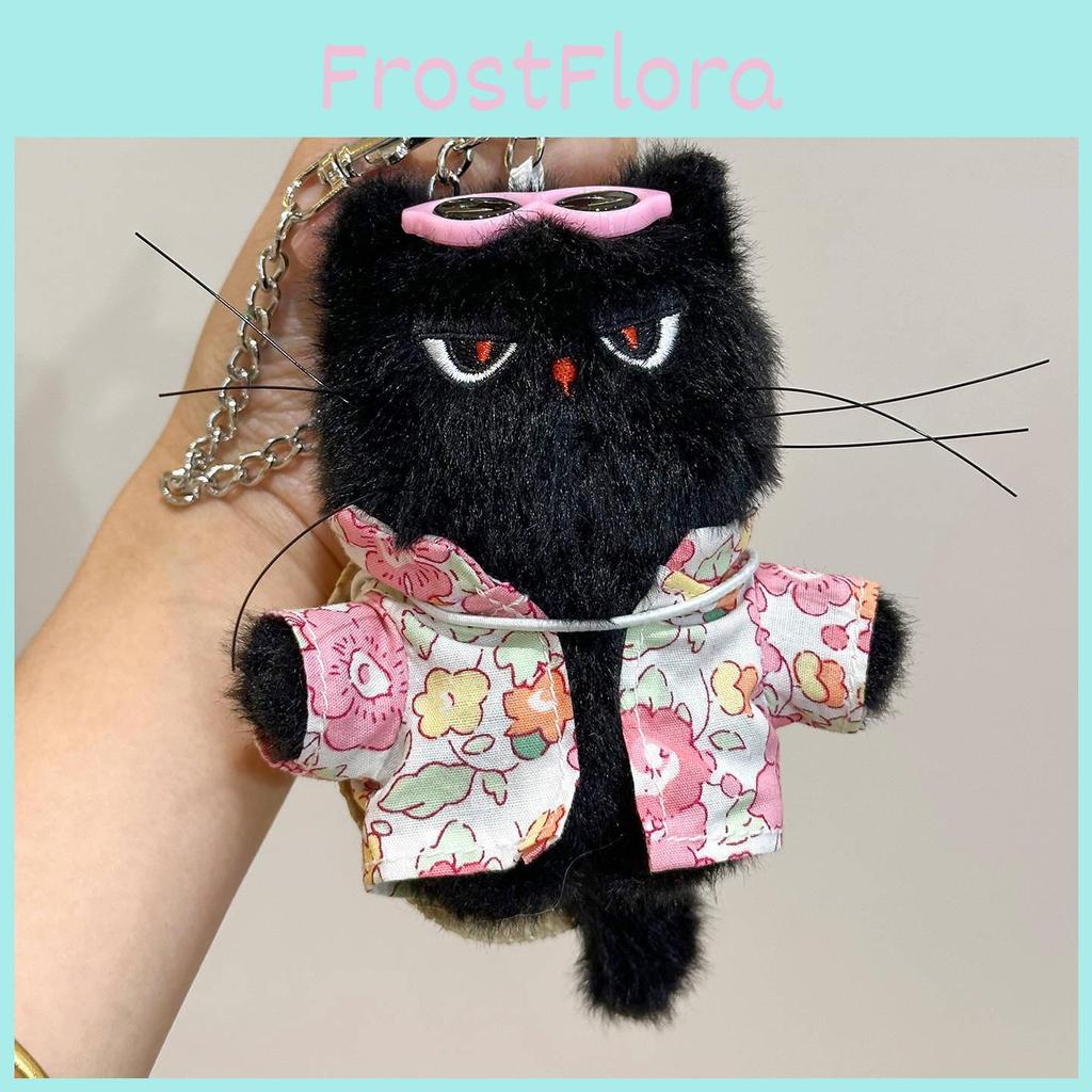 Plush Cat Keychain With Flower Shirt And Sunglasses Design For Cute Gift And Bag Decoration