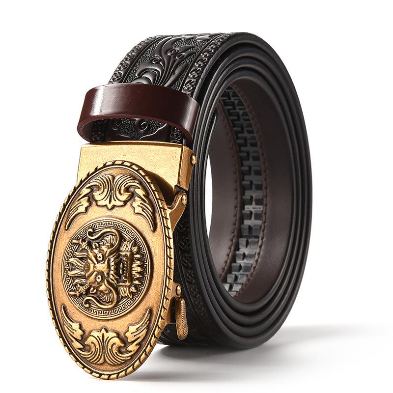 Men's Retro Dragon Head Genuine Leather Belt with Carved Embossed Design
