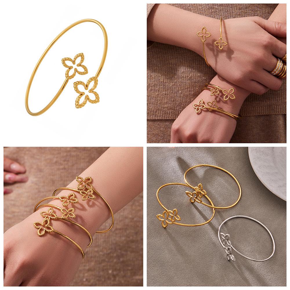 Elegant Double Flower Open Bracelet, 18k Gold-Plated Stainless Steel