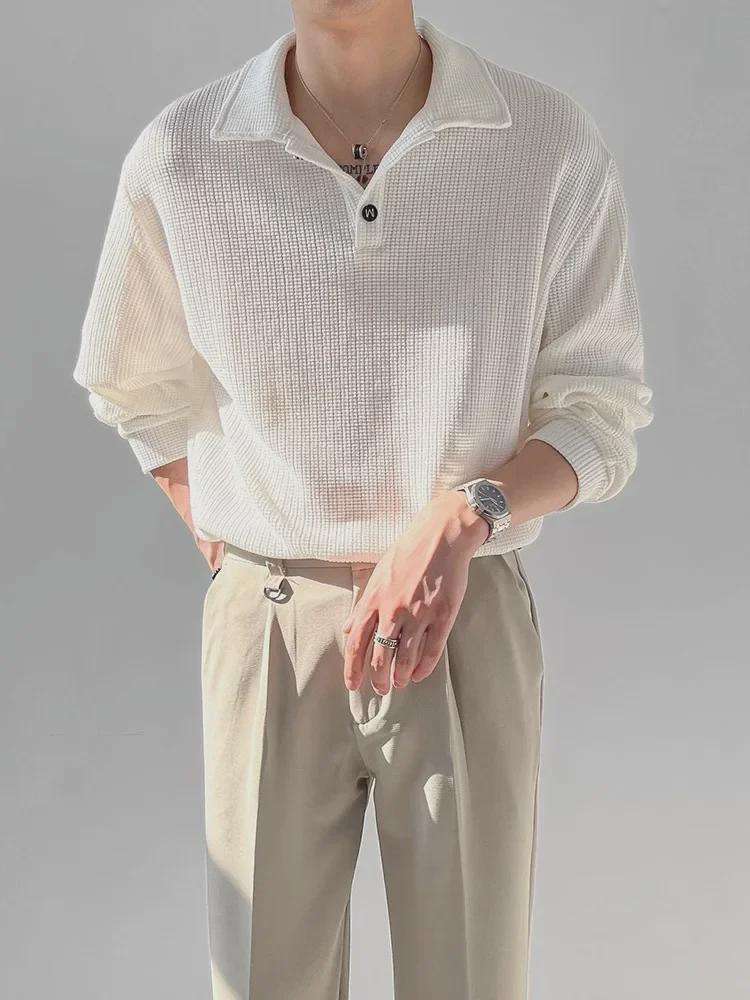 

Мужская футболка-поло с длинным рукавом и воротником-поло из вафельной ткани — корейский стиль, модная, повседневная, идеально подходит для весны и осени. 3XL белый