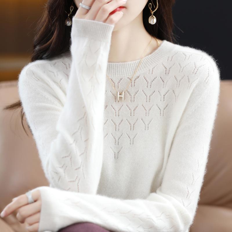2023 Fashion New Pullover Sweater Round Neck Hollow Jacquard Knitted Top Loose Bottom